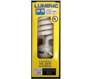 12-Pk Lumipac Spiral Bulb
120V 20W E26 Warm White